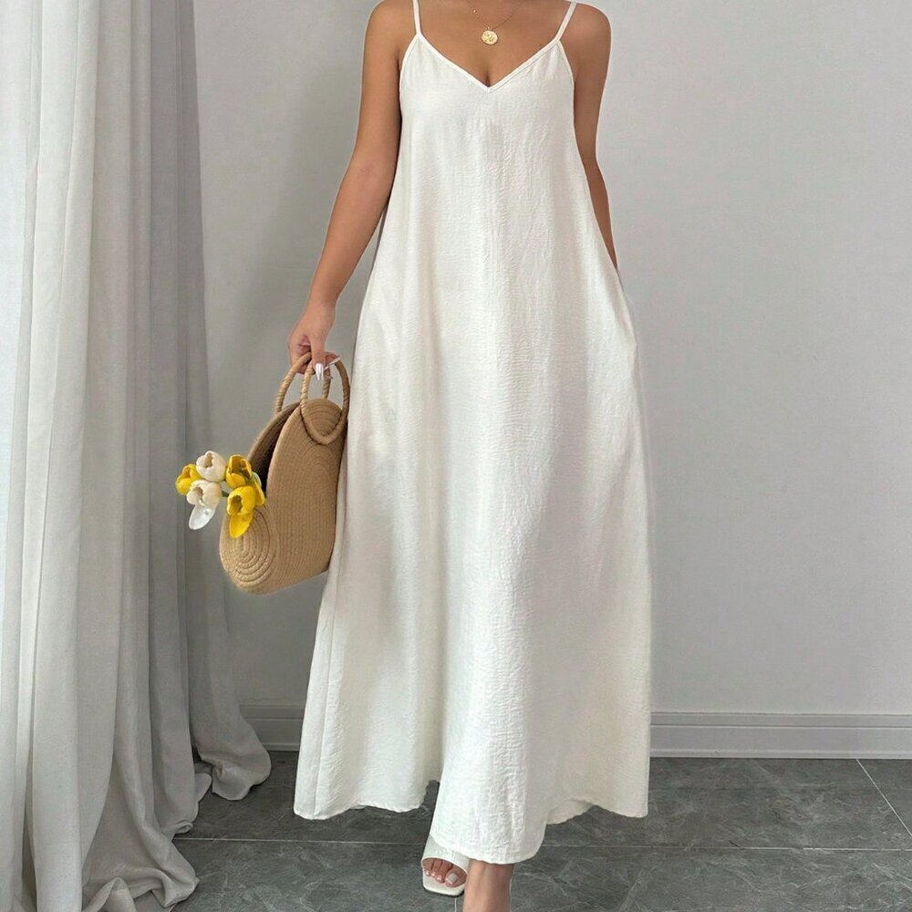 Apricot Casual Women's Adjustable Strap Loose White Long Cami Dress